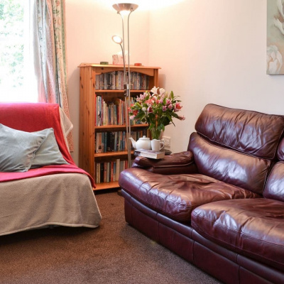 Cosy living room with books and DVDs